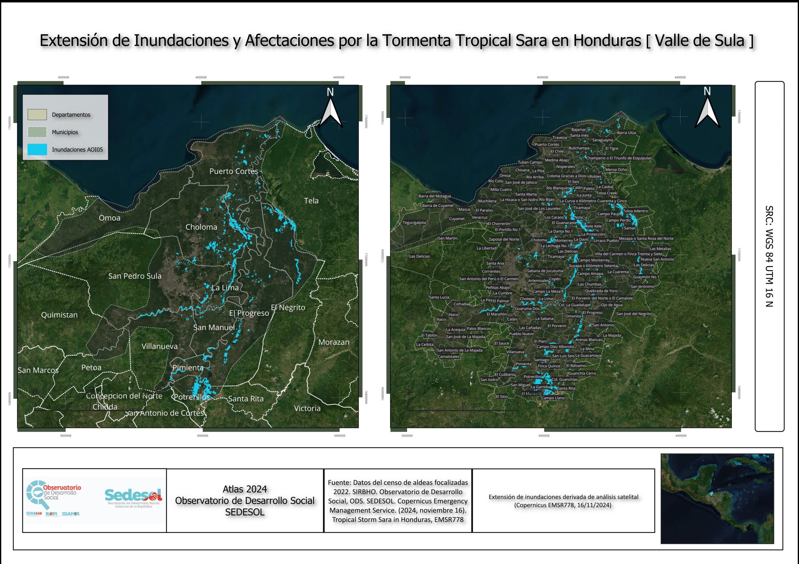 Extensión de Inundaciones y Afectaciones por la Tormenta Tropical Sara en Honduras